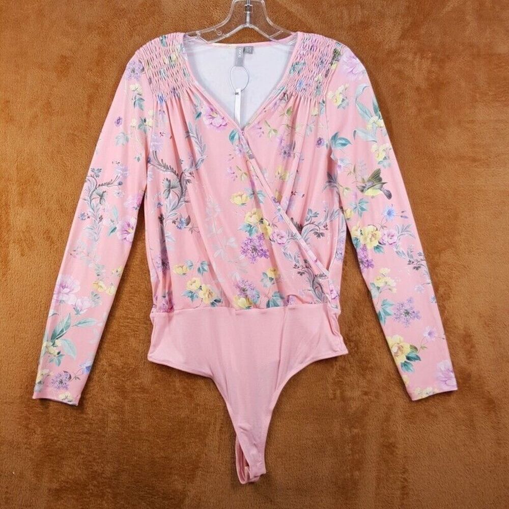 ASOS Womens Top Size 8 Pink Floral Bodysuit Long Sleeve VNeck Surplice Stretch